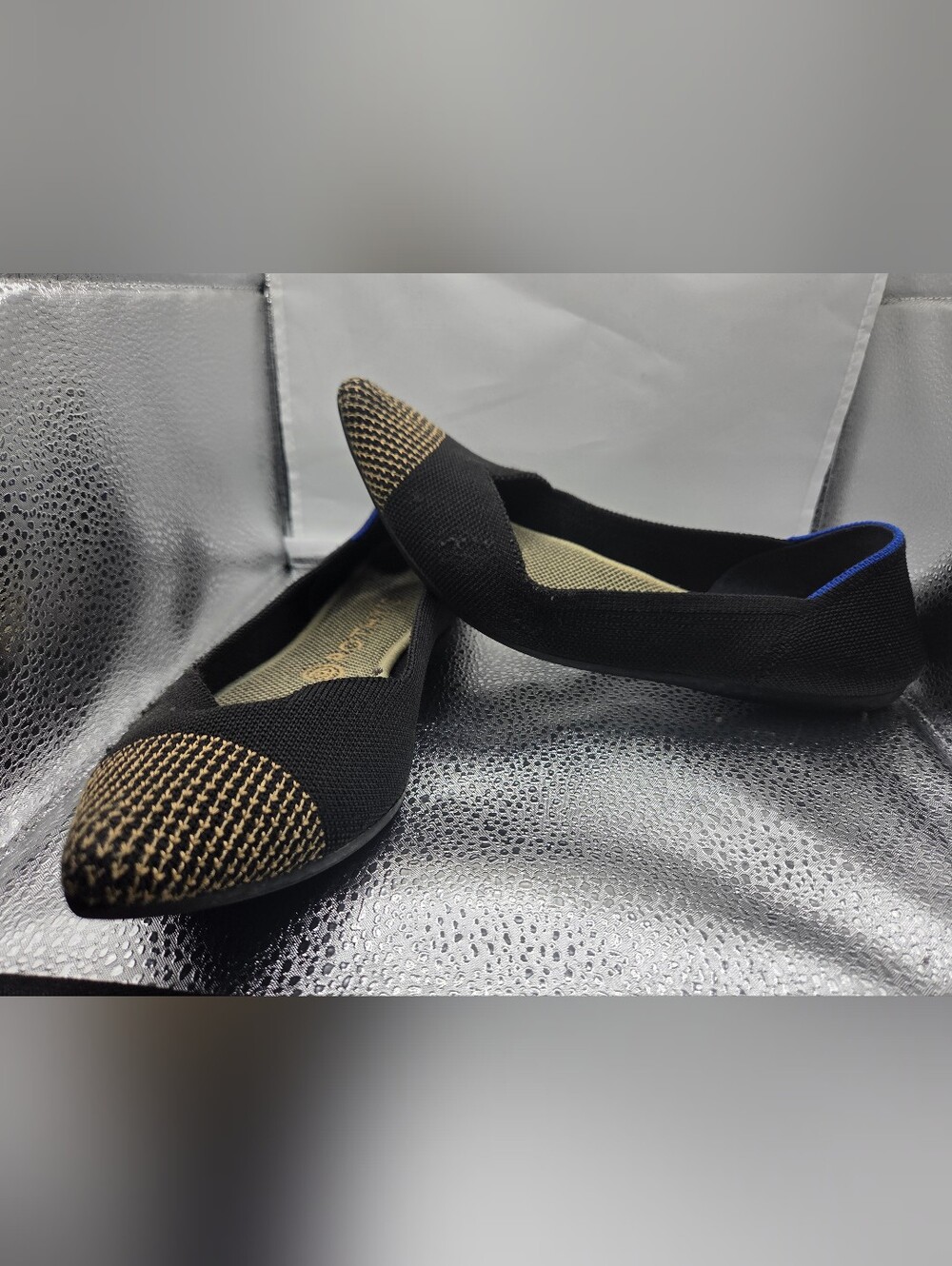 Rothys Black Pointed Toe Knit Flats with Gold Accent - Picture 7 of 9
